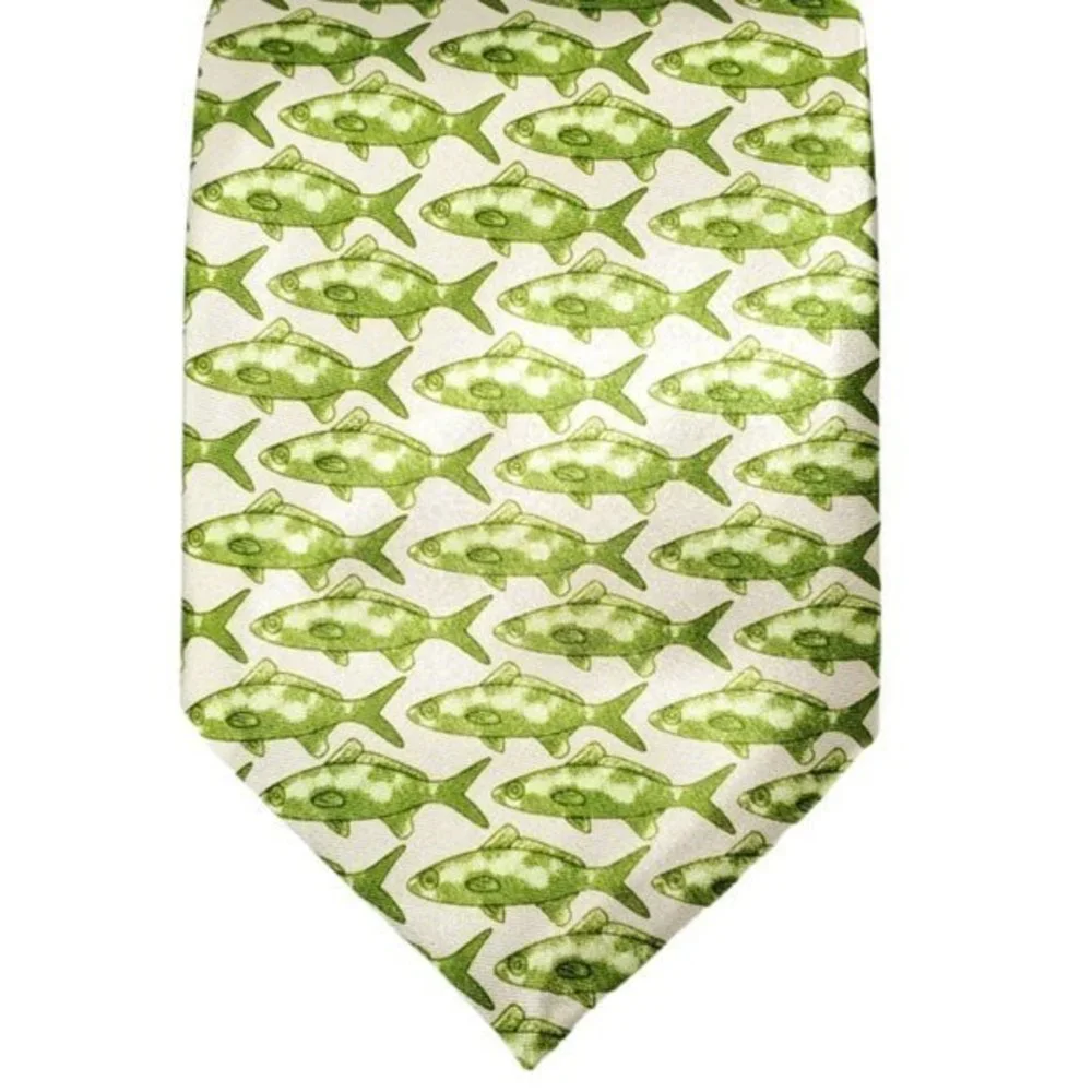 Fish Pattern Tie Necktie Green Ivory Fishing Hunting Sports